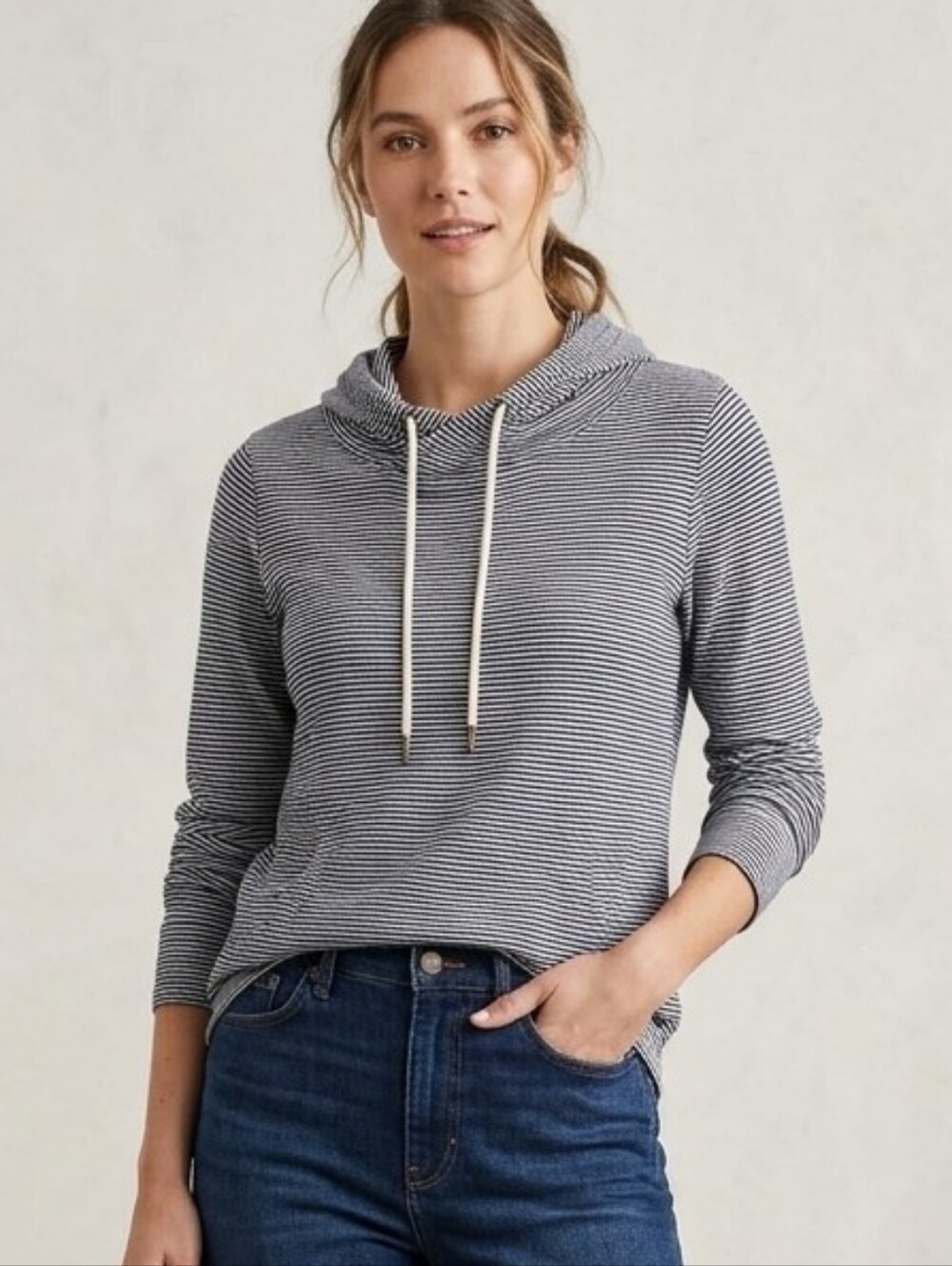 J.Crew Factory Striped Pullover Hoodie Women Medium Navy White Cotton Knit